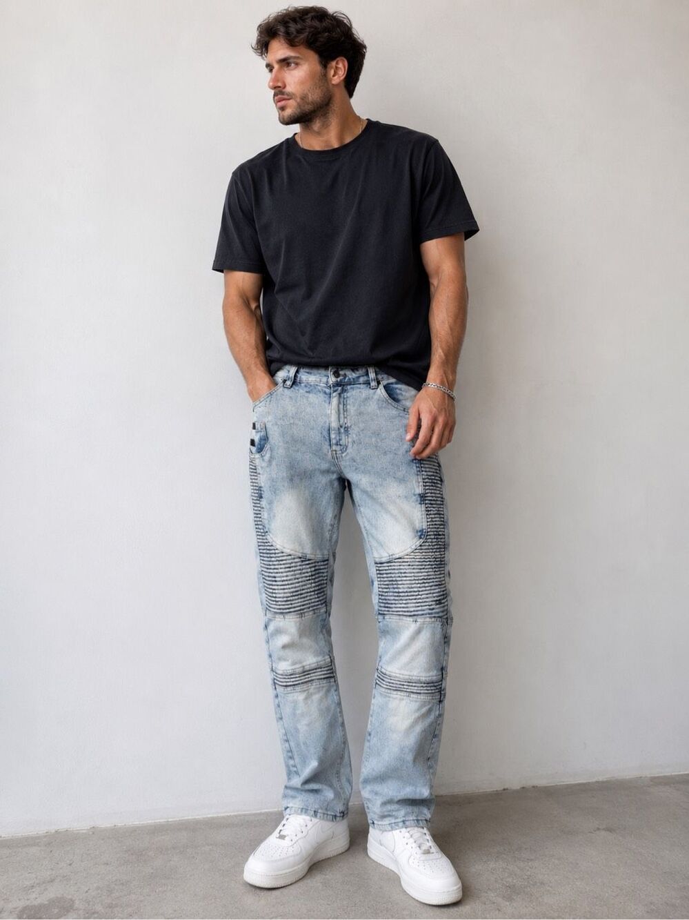 Parish Mens 36 Light Wash Biker Jeans Ribbed Panel Straight Leg Denim